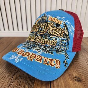VTG Vegas Royalty Live Fast Rock Legend Couture Killer Trucker Hat Cap Blue Red